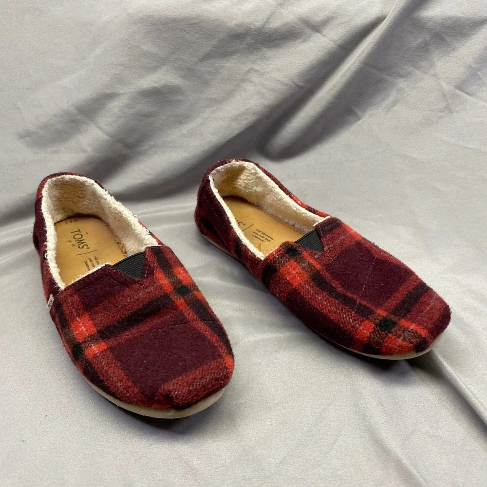 TOMS Womens Alpargata Red Plaid‎ Wool Faux Shearling Lined Slip On Shoes 8.5